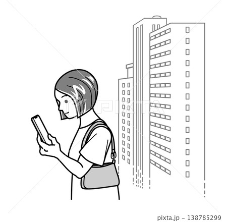 外出先でスマホを操作する若い女性 横向き 上半身 ビル背景 線画 138785299