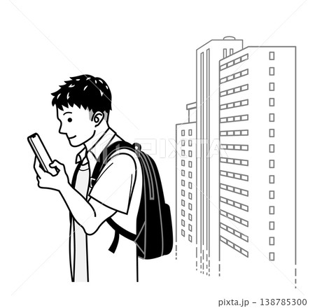 屋外でスマホを操作する若い男性 横向き 上半身 ビル背景 線画 屋外でスマホを操作する若い男性 横向き 上半身 ビル背景 線画 138785300