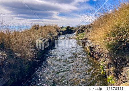 A clear spring stream flows through alpine landscape with snow-capped peaks of Sierra Nevada Mountains lush valley meadow in Spain A clear spring stream flows through alpine landscape with snow-capped peaks of Sierra Nevada Mountains lush valley meadow in Spain 138785314
