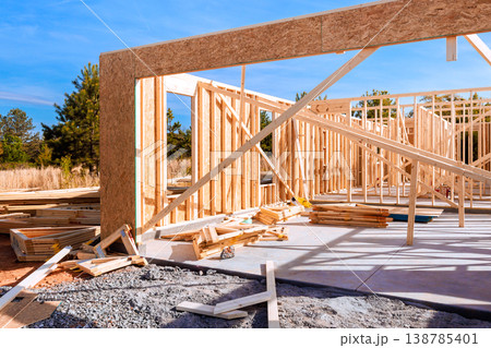 Construction site wooden framing, building materials, tools in during framework Construction site wooden framing, building materials, tools in during framework 138785401