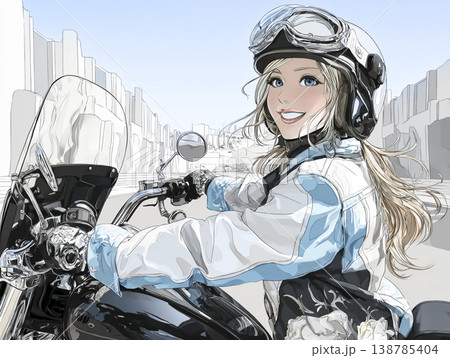 都会を走る大型クルーザーバイクの女性ライダー 都会を走る大型クルーザーバイクの女性ライダー 138785404