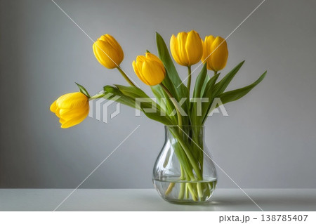 Bright Yellow Tulips in a Serene Glass Vase Create a Joyful Ambiance Generative AI 138785407