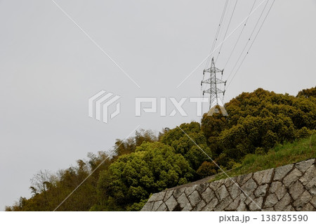 山の上の送電鉄塔 曇り空 樹木 コピースペースあり 山の上の送電鉄塔 曇り空 樹木 コピースペースあり 138785590