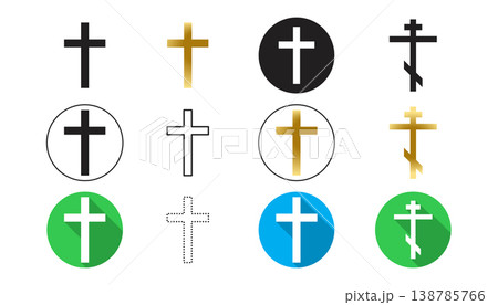 Cross Icons Set Christian Religious Cross Symbols in Flat, Gold and Black Circle Badge Styles Cross Icons Set Christian Religious Cross Symbols in Flat, Gold and Black Circle Badge Styles 138785766
