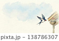 巣に餌を運ぶツバメの親子の水彩イラスト コピースペースあり 138786307