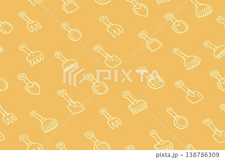 illustration of outlined toy shovels and rakes on an orange background, forming a playful seamless pattern. Ideal for children's themes, backgrounds, or educational materials. illustration of outlined toy shovels and rakes on an orange background, forming a playful seamless pattern. Ideal for children's themes, backgrounds, or educational materials. 138786309