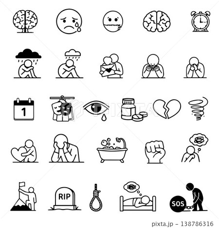 A set of outline icons on mental health topics related to depression. A collection of linear icons. A set of outline icons on mental health topics related to depression. A collection of linear icons. 138786316