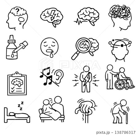 Parkinson's Disease symptoms, diagnostic and treatment vector icon set. Vector illustration on the theme of World Parkinson's disease (PD) day observed each year on April 11th across the globe 138786317