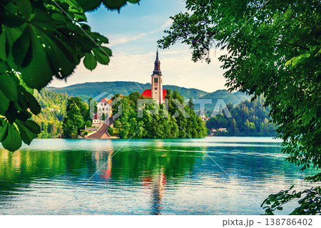 Lake Bled, Slovenia in spring with leaves frame 138786402
