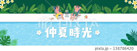 Midsummer Time - Couple Relaxing by Tropical Swimming Pool Vector Illustration Midsummer Time - Couple Relaxing by Tropical Swimming Pool Vector Illustration 138786420