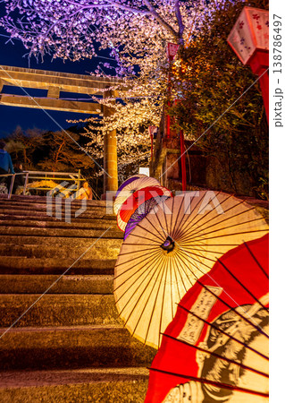 日本　日光　鬼怒川温泉　鬼怒川温泉神社　藤原町護国神社の春の桜のライトアップ 138786497