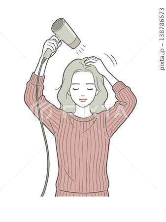 ドライヤーで髪を乾かす女性 正しいヘアケアと日常習慣のイラスト ドライヤーで髪を乾かす女性 正しいヘアケアと日常習慣のイラスト 138786673