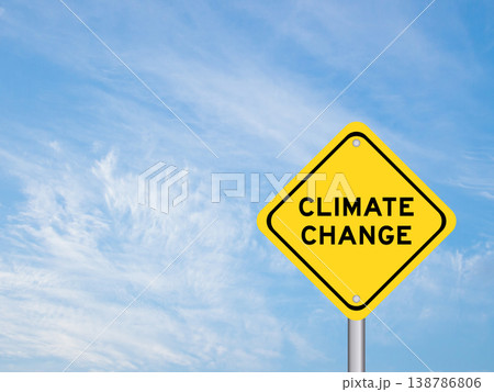 Yellow transportation sign with word climate change on blue color sky background 138786806