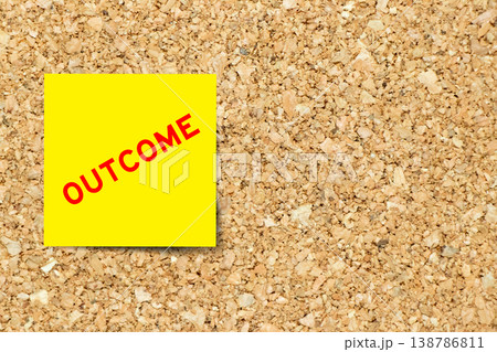 Yellow note paper with word outcome on cork board background with copy space Yellow note paper with word outcome on cork board background with copy space 138786811
