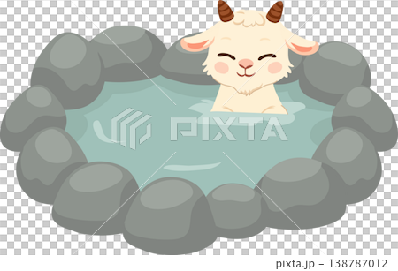 cute cartoon goat in hot spring onsen relaxing animal illustration with japanese spa theme 138787012