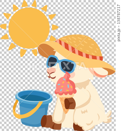 summer cute lamb cartoon with sunglasses eating ice cream on beach illustration 138787217