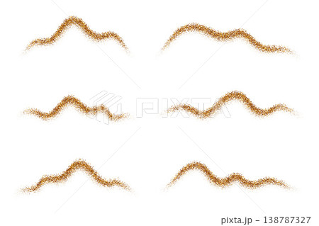 Golden glitter particles on white background. Luminous dust trails with shimmering sequins and sparkling effect for festive design. Vector wavy sand powder splash. Golden glitter particles on white background. Luminous dust trails with shimmering sequins and sparkling effect for festive design. Vector wavy sand powder splash. 138787327