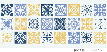 Blue Mediterranean ceramic tile collection with ornate mosaic patterns. Italian designs with floral motifs for decorative walls and traditional interiors. Vector illustration Blue Mediterranean ceramic tile collection with ornate mosaic patterns. Italian designs with floral motifs for decorative walls and traditional interiors. Vector illustration 138787329