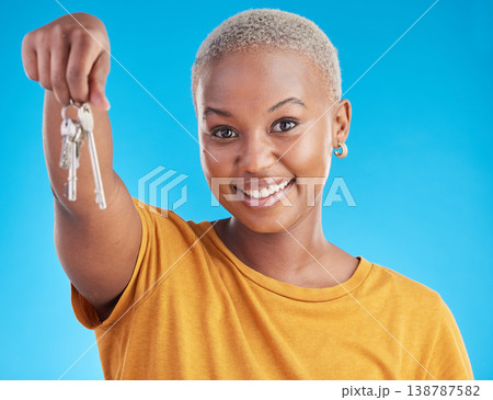 Portrait, new home or black woman with keys in studio for property investment isolated on blue background. Buying real estate, happy or African person excited about loan approval for dream house goal Portrait, new home or black woman with keys in studio for property investment isolated on blue background. Buying real estate, happy or African person excited about loan approval for dream house goal 138787582