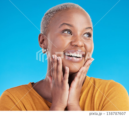 Thinking, inspiration and black woman with ideas, happiness and solution on a blue studio background. Person, excited and model with problem solving, decision and choice with mindset for planning Thinking, inspiration and black woman with ideas, happiness and solution on a blue studio background. Person, excited and model with problem solving, decision and choice with mindset for planning 138787607