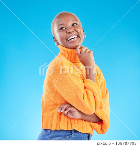 Happy, African woman and thinking of fashion in studio, blue background or natural beauty and confidence in casual style or clothes. College student, arms crossed and happiness in winter clothing Happy, African woman and thinking of fashion in studio, blue background or natural beauty and confidence in casual style or clothes. College student, arms crossed and happiness in winter clothing 138787705