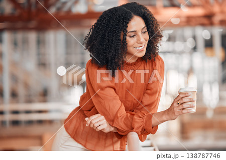 Coffee, thinking and a business woman at work with focus, positive mindset and smile at office. African female entrepreneur with cup to dream of opportunity, ideas and vision for career or company 138787746