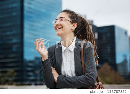 Business, happy and woman in city laugh on morning commute, journey and travel in urban town. Professional, corporate worker and female person with smile excited for career, work and job in street 138787822