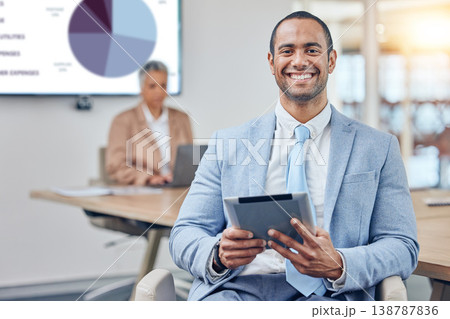 Business man, tablet and portrait with data analytics, stock market growth and investment, profit or revenue. Corporate person on digital technology trading, finance meeting and pie chart statistics Business man, tablet and portrait with data analytics, stock market growth and investment, profit or revenue. Corporate person on digital technology trading, finance meeting and pie chart statistics 138787836