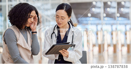 Stress, results and a doctor with a woman and tablet for healthcare advice, medical news or problem. Sad, talking and a surgeon speaking to a sick patient with technology and feedback on a test Stress, results and a doctor with a woman and tablet for healthcare advice, medical news or problem. Sad, talking and a surgeon speaking to a sick patient with technology and feedback on a test 138787838
