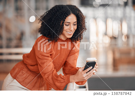 Business woman, coffee cup and typing with phone for social network, mobile website and digital contact. Happy worker, drinking and texting on smartphone tech while reading app notification in office 138787842