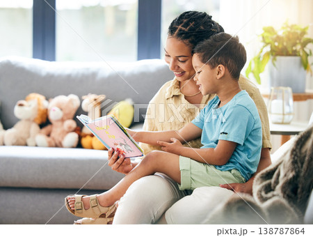 Book, reading and mother with kid in living room for storytelling on sofa of happy home, teaching and bonding fun. Love, learning and mom with child, fantasy story on couch and quality time together. 138787864