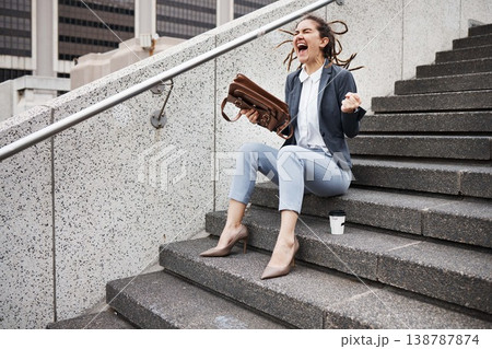 Anger, shouting and business with woman in city for unemployment, job loss and crisis. Problem, stress and fear with female employee screaming in outdoors for mental health, frustrated and failure Anger, shouting and business with woman in city for unemployment, job loss and crisis. Problem, stress and fear with female employee screaming in outdoors for mental health, frustrated and failure 138787874