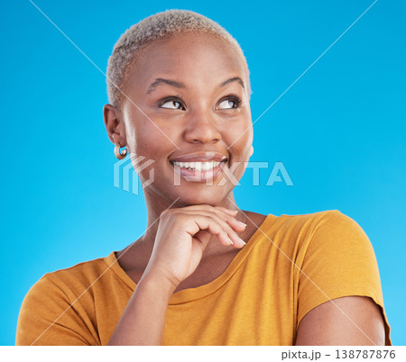 Thinking, idea or black woman with inspiration, opportunity or brainstorming on a blue studio background. Person, happiness or model with problem solving, decision or choice with planning or solution 138787876