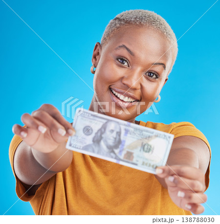 Black woman, dollar and finance, portrait and happy with prize, loan and cash on blue background. Money, cashback and lottery win with payment, financial freedom and note with bonus in studio Black woman, dollar and finance, portrait and happy with prize, loan and cash on blue background. Money, cashback and lottery win with payment, financial freedom and note with bonus in studio 138788030