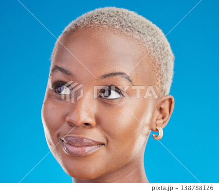 Black woman, headshot and thinking with inspiration, decision and ideas isolated on blue background. Female person, African and question with vision, future and remember with dream in a studio Black woman, headshot and thinking with inspiration, decision and ideas isolated on blue background. Female person, African and question with vision, future and remember with dream in a studio 138788126