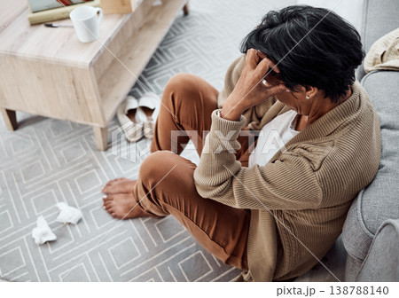 Stress, divorce or sad woman with depression, anxiety or mental health problem in house living room. Worry, cry or tired person thinking of broken heart, loss or stress from emotional grief at home Stress, divorce or sad woman with depression, anxiety or mental health problem in house living room. Worry, cry or tired person thinking of broken heart, loss or stress from emotional grief at home 138788140