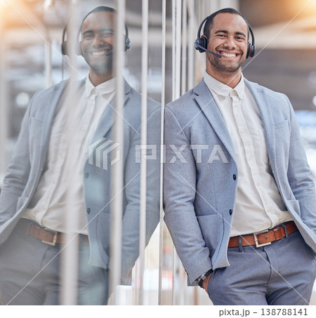 Call center, portrait and happy man with confidence in office for telemarketing, support or crm. Smile, contact us and customer service professional, sales agent or business consultant from Brazil. 138788141