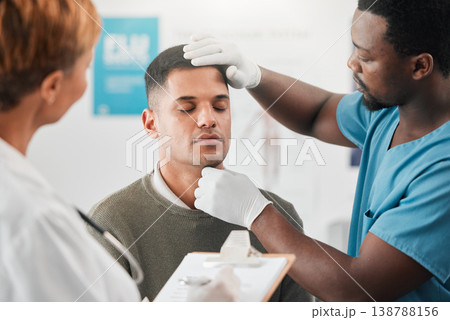 Doctor, nurse and patient, healthcare and assessment with people in hospital, check vitals with wellness. Medical exam, men and woman in clinic, checklist with health insurance and consultation Doctor, nurse and patient, healthcare and assessment with people in hospital, check vitals with wellness. Medical exam, men and woman in clinic, checklist with health insurance and consultation 138788156