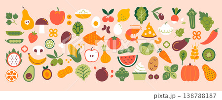Big set of fruits, vegetables, berries, meat and fish icons. Fresh organic and natural food, different farm products, autumn harvest. Flat isolated hand drawn elements for design. Vector illustration. 138788187