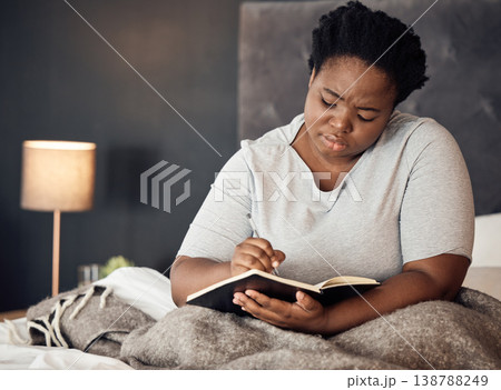 Bedroom, diary and black woman with depression, writing and stress management with sadness, burnout and home. Journal for mental health, female person and girl with a notebook, depressed and anxiety 138788249