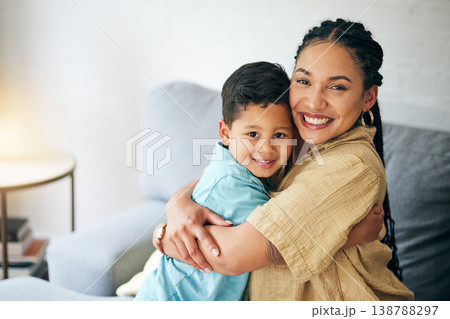 Portrait, family home and happy kid hug mom for support, motherhood care and connect in Brazil apartment. Love, sweet and hugging mama, child or people relax, embrace and enjoy quality time together Portrait, family home and happy kid hug mom for support, motherhood care and connect in Brazil apartment. Love, sweet and hugging mama, child or people relax, embrace and enjoy quality time together 138788297