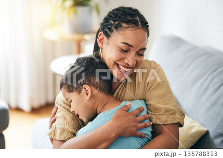 Home, hug and happy family mom, kid and bonding, support and love for young son on lounge couch. Smile, connect and hugging mama, child or people enjoy quality time together for Mothers Day care 138788313