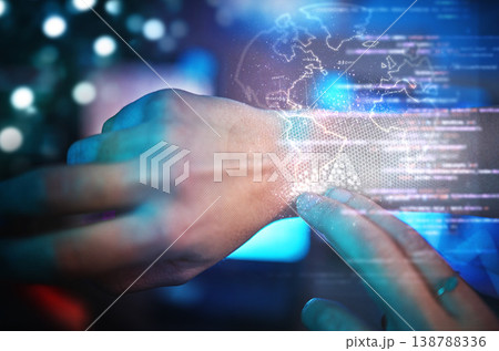 Hands, virtual reality and ai hologram map, futuristic technology and location privacy for cybersecurity. World data overlay, dashboard security and programmer with software for access control on arm 138788336