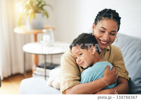 Love, home mom and happy kid hug parent for support, care and connect in Brazil apartment. Smile, happiness and family mama, child or people enjoy quality time together, embrace or relax in lounge Love, home mom and happy kid hug parent for support, care and connect in Brazil apartment. Smile, happiness and family mama, child or people enjoy quality time together, embrace or relax in lounge 138788367