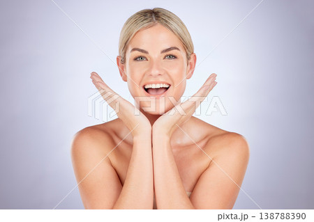 Skincare, wow and happy woman portrait in studio surprised by glowing skin, results or treatment on grey background. Beauty, smile and lady face model surprised by cosmetic, dermatology or self love 138788390