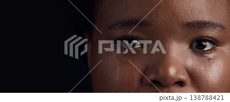 Black woman, eyes and mental health, crying with depression and crisis with abuse on dark background. Sad, portrait and anxiety, depressed female person with face on banner and grief in studio Black woman, eyes and mental health, crying with depression and crisis with abuse on dark background. Sad, portrait and anxiety, depressed female person with face on banner and grief in studio 138788421