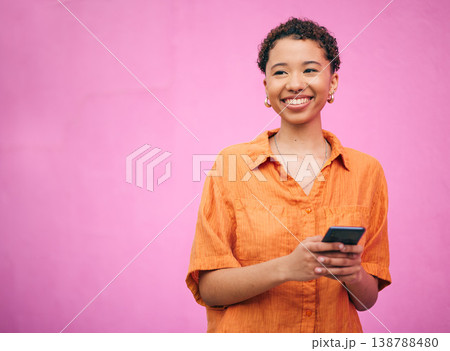Smile, search and space with woman and phone for network, social media and communication. Contact, post and technology with person on pink background for gen z, notification and mobile app mockup 138788480