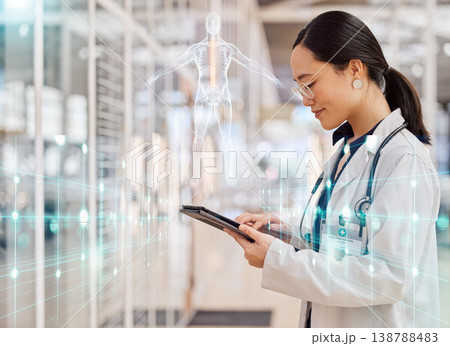 Tablet, digital hologram and doctor with anatomy, human body and futuristic research in 3D overlay. Technology, double exposure and medical woman in augmented reality for x ray or skeleton solution Tablet, digital hologram and doctor with anatomy, human body and futuristic research in 3D overlay. Technology, double exposure and medical woman in augmented reality for x ray or skeleton solution 138788483