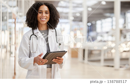 Happy, doctor and portrait of woman with tablet for research, telehealth or healthcare in hospital. Medical professional, face smile and tech of person, expert worker and employee from South Africa Happy, doctor and portrait of woman with tablet for research, telehealth or healthcare in hospital. Medical professional, face smile and tech of person, expert worker and employee from South Africa 138788517