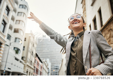 Happy woman in city, travel and stop taxi, commute to work with buildings, professional and transportation outdoor. Corporate female person in urban street, business clothes and journey to workplace 138788526
